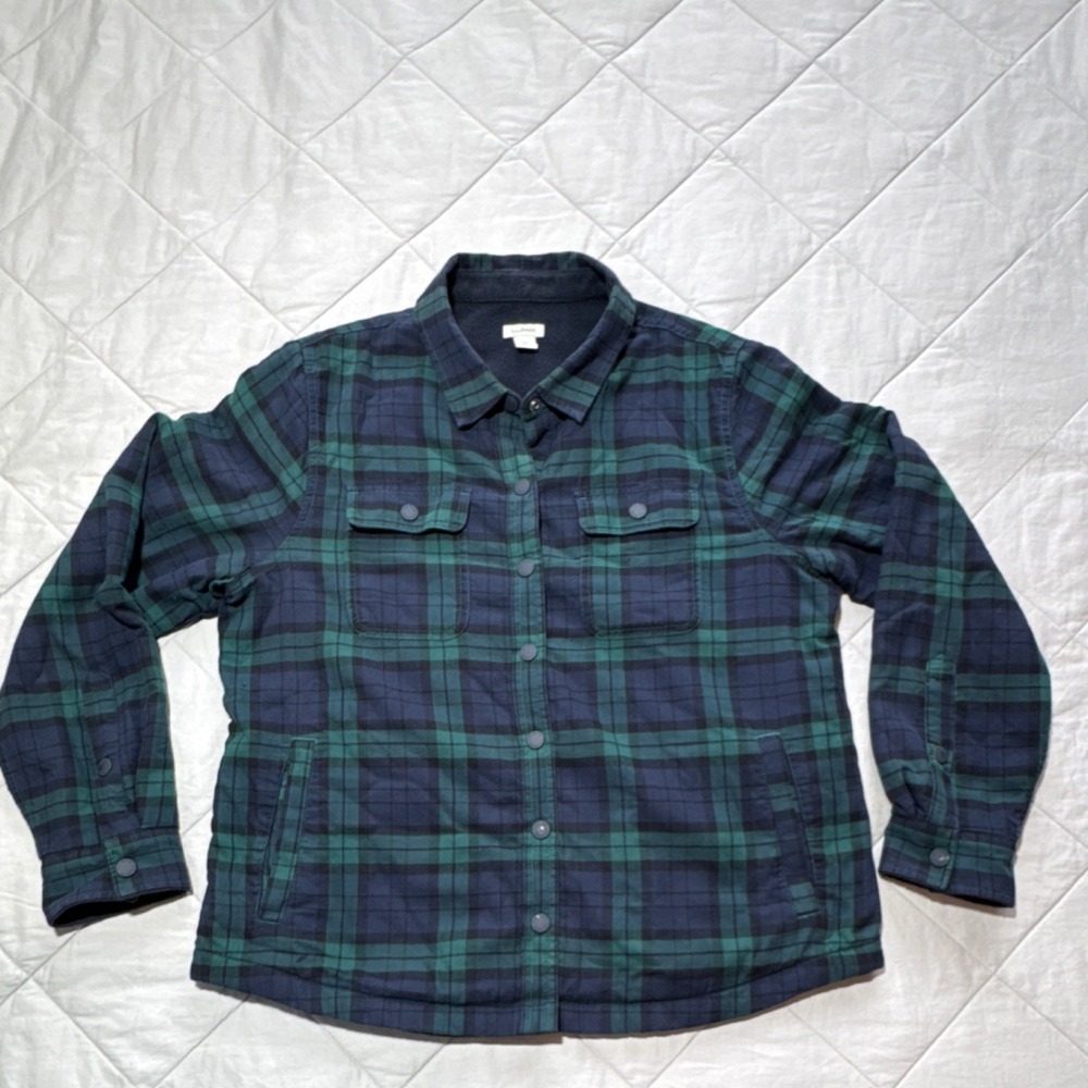 L.L. Bean‎ Cotton Flannel Plaid Button-Up Shirt Blue Green Men's M Long Sleeve
